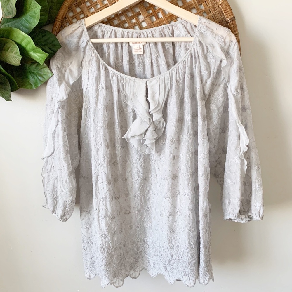 ( Sundance ) Gray Lace Silk Ruffle Round Neck Top